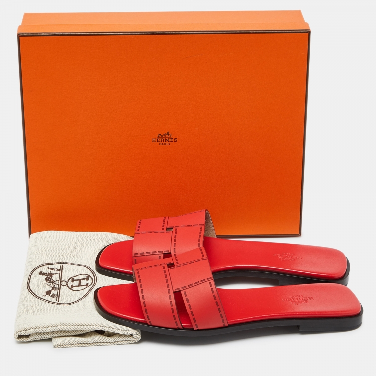 Pre Owned Hermes Red Leather Idimo Flat Slides Size 38.5