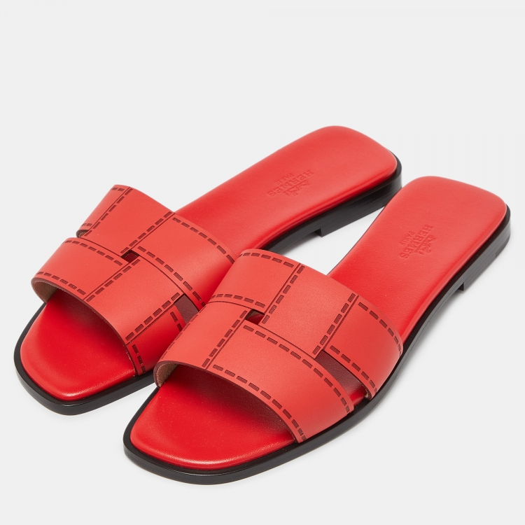 Pre Owned Hermes Red Leather Idimo Flat Slides Size 38.5