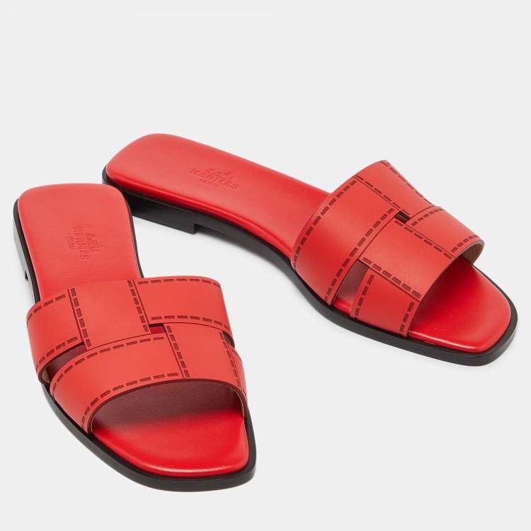 Pre Owned Hermes Red Leather Idimo Flat Slides Size 38.5