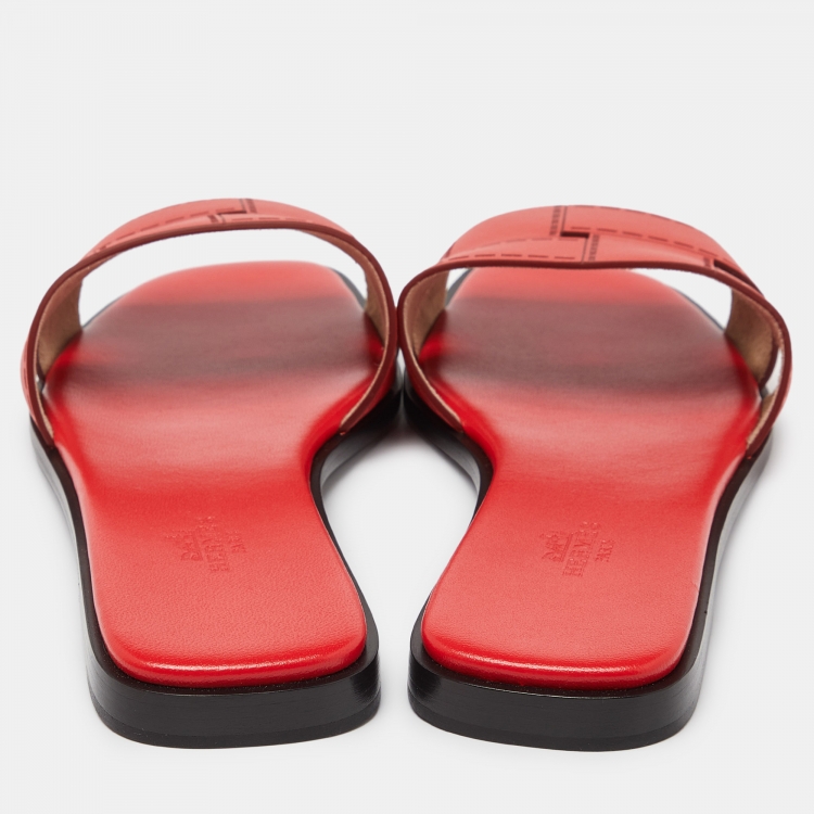 Pre Owned Hermes Red Leather Idimo Flat Slides Size 38.5