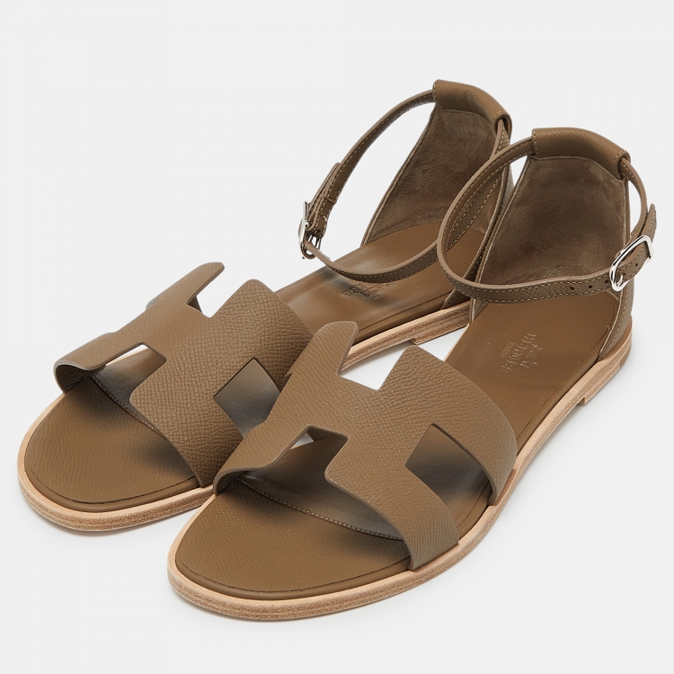 Pre Owned Hermes Brown Leather Santorini Ankle Strap Flat Sandals Size 40