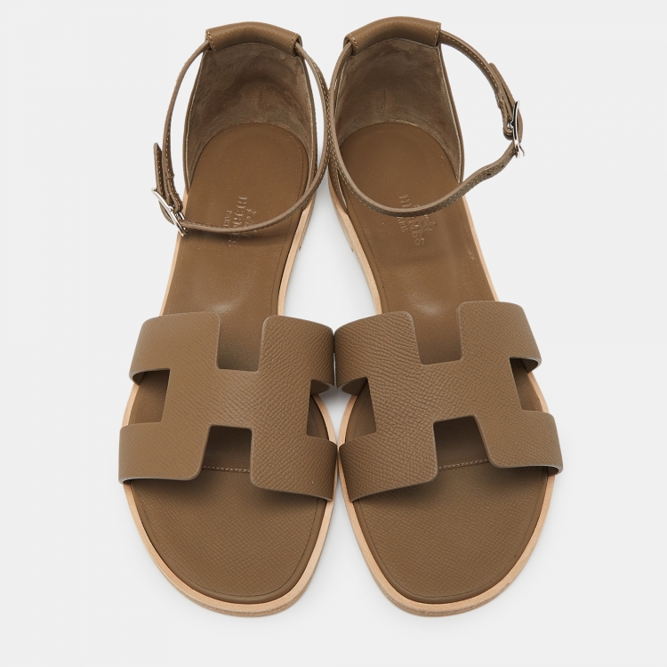 Pre Owned Hermes Brown Leather Santorini Ankle Strap Flat Sandals Size 40