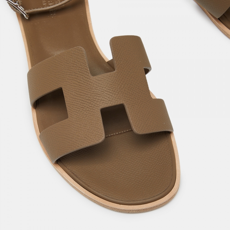 Pre Owned Hermes Brown Leather Santorini Ankle Strap Flat Sandals Size 40