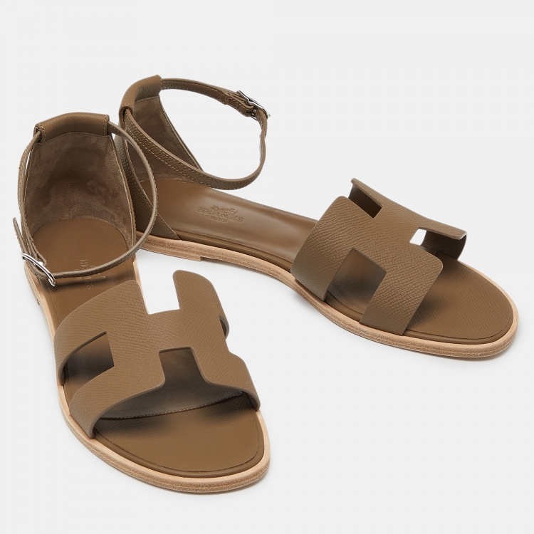 Pre Owned Hermes Brown Leather Santorini Ankle Strap Flat Sandals Size 40