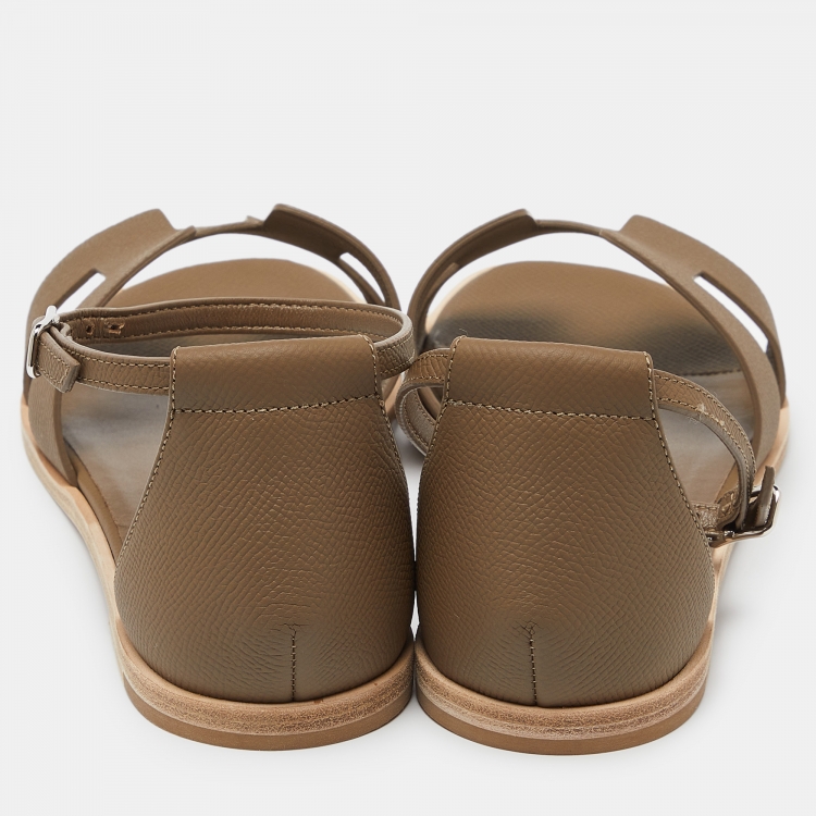 Pre Owned Hermes Brown Leather Santorini Ankle Strap Flat Sandals Size 40