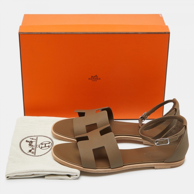 Pre Owned Hermes Brown Leather Santorini Ankle Strap Flat Sandals Size 40