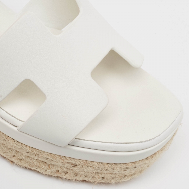 Pre Owned Hermes White Leather Elda Espadrille Sandals Size 38