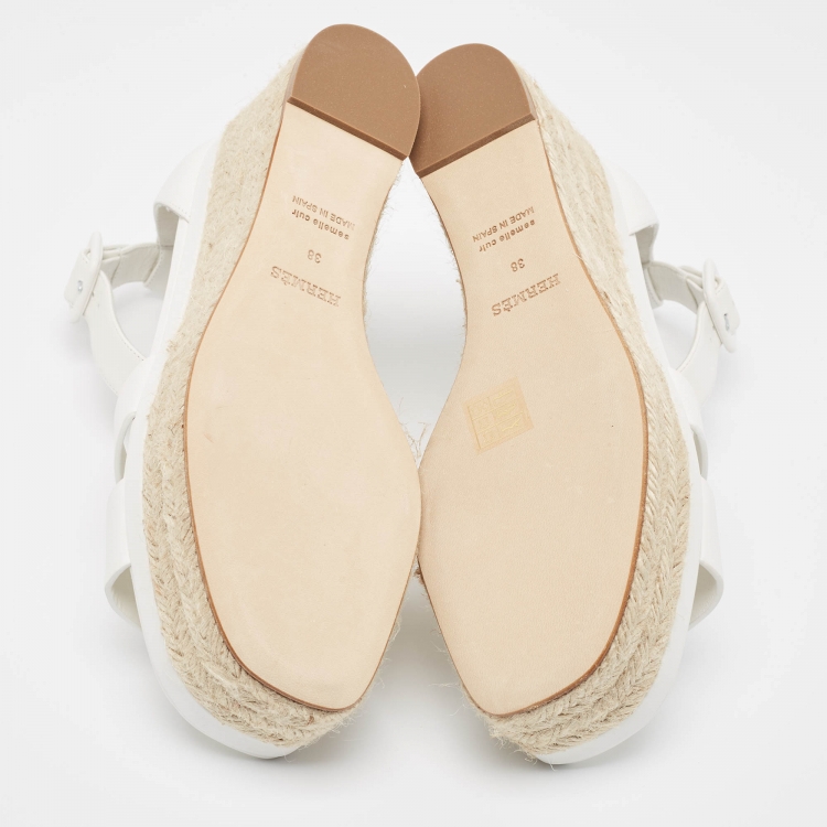 Pre Owned Hermes White Leather Elda Espadrille Sandals Size 38