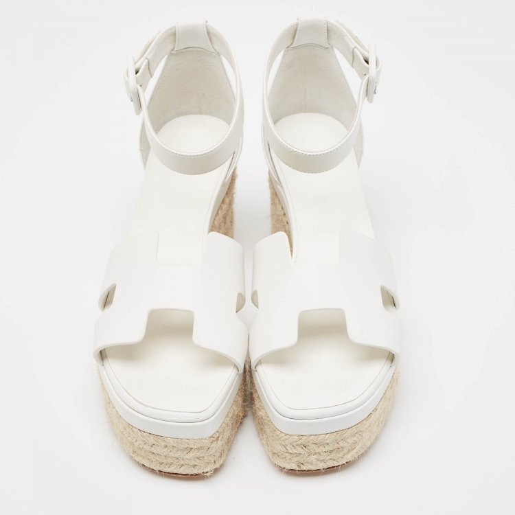 Pre Owned Hermes White Leather Elda Espadrille Sandals Size 38