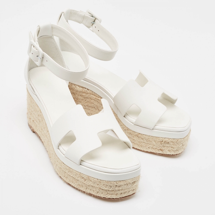 Pre Owned Hermes White Leather Elda Espadrille Sandals Size 38