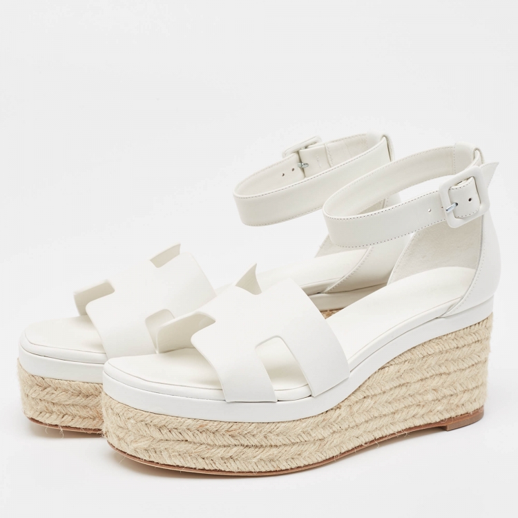 Pre Owned Hermes White Leather Elda Espadrille Sandals Size 38