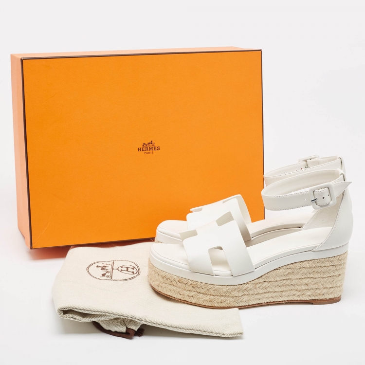 Pre Owned Hermes White Leather Elda Espadrille Sandals Size 38