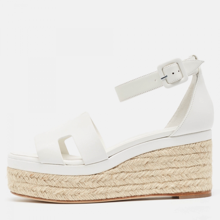 Pre Owned Hermes White Leather Elda Espadrille Sandals Size 38