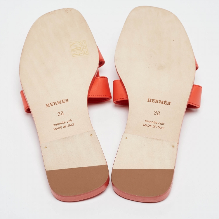 Pre Owned Hermes Orange Leather Oran Flat Slides Size 38