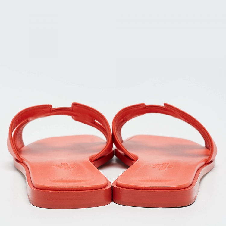 Pre Owned Hermes Orange Leather Oran Flat Slides Size 38