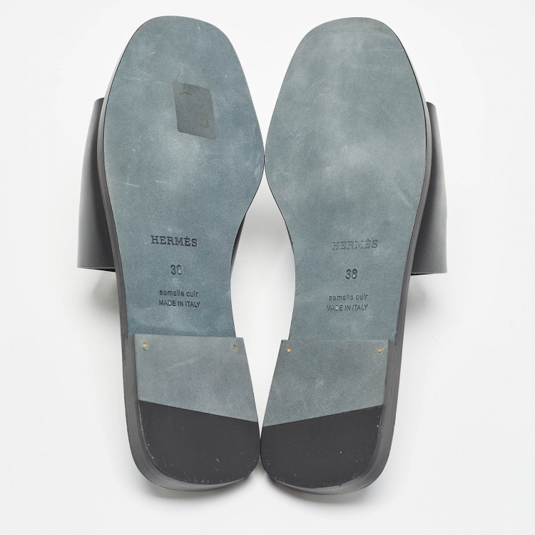 Pre Owned Hermes Black Leather Villa Flat Slides Size 38 