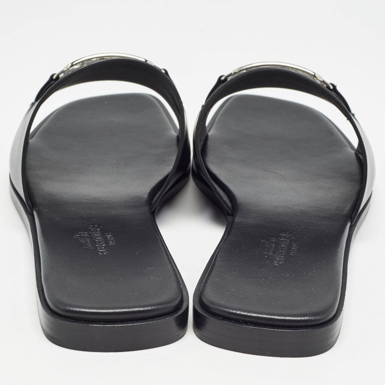 Pre Owned Hermes Black Leather Villa Flat Slides Size 38 
