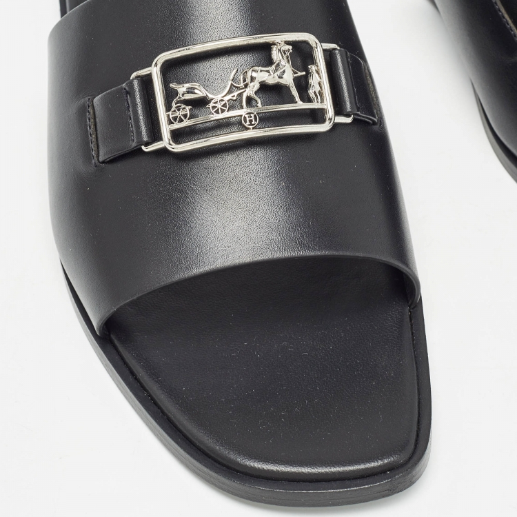 Pre Owned Hermes Black Leather Villa Flat Slides Size 38 