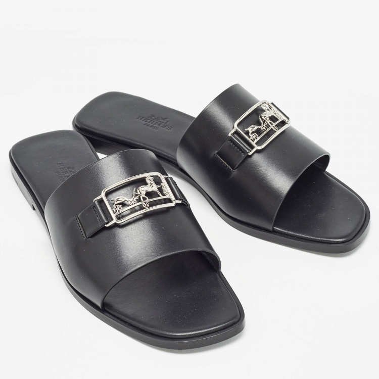 Pre Owned Hermes Black Leather Villa Flat Slides Size 38 