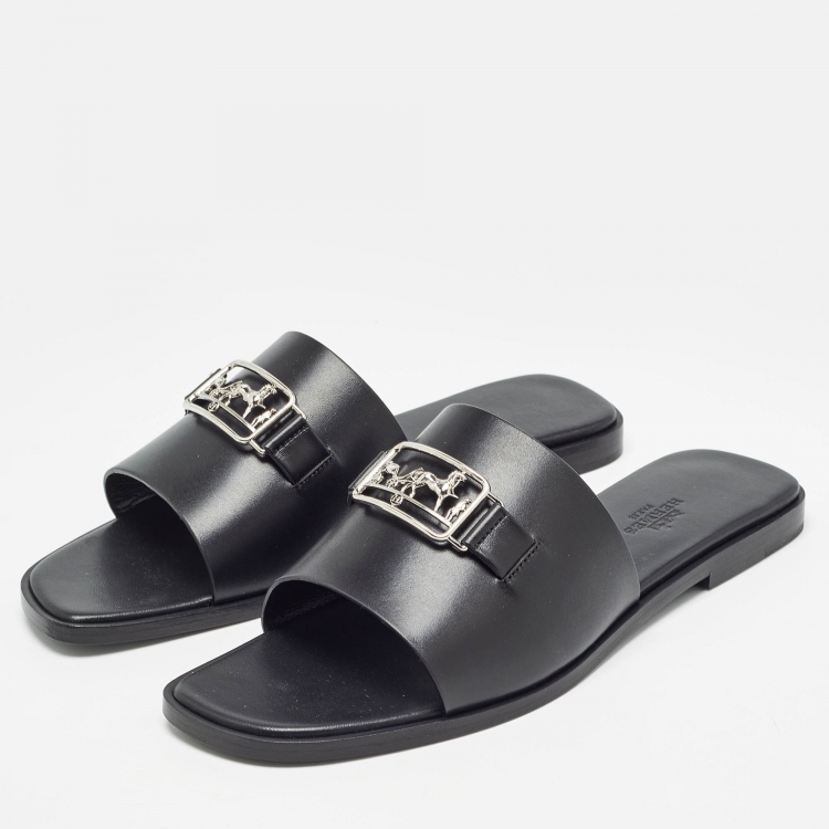 Pre Owned Hermes Black Leather Villa Flat Slides Size 38 