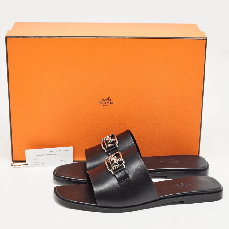 Pre Owned Hermes Black Leather Villa Flat Slides Size 38 