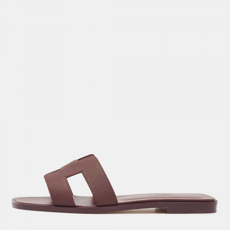 Pre Owned Hermes Burgundy Leather Oran Flat Slides Size 36