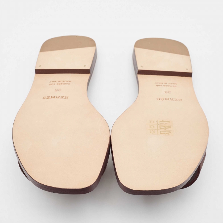 Pre Owned Hermes Burgundy Leather Oran Flat Slides Size 36