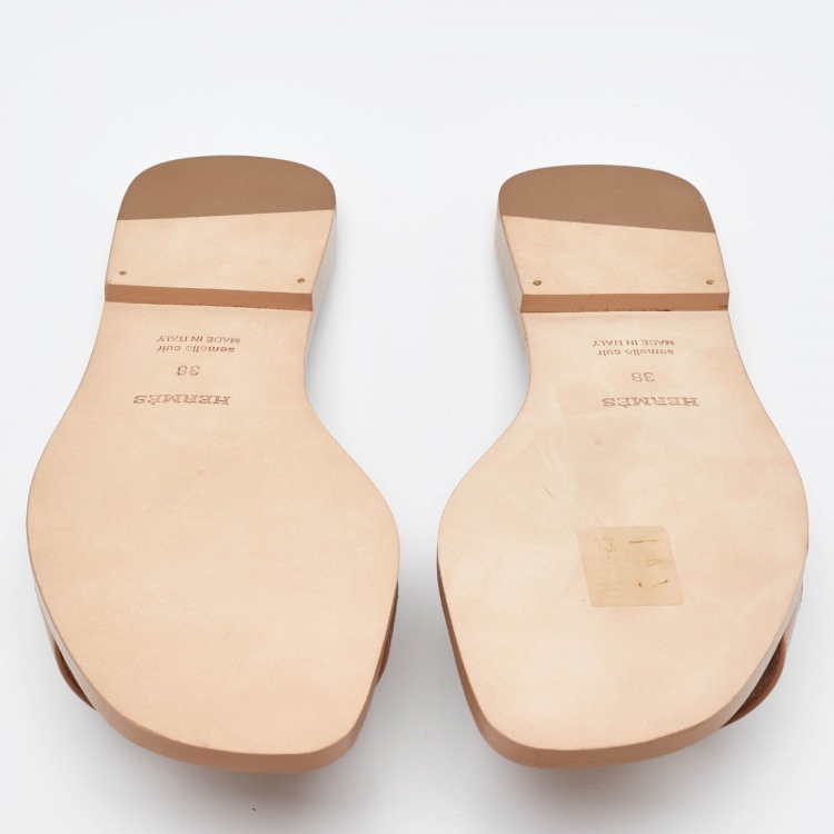 Pre Owned Hermès Beige Leather Oran Flat Slides Size 38