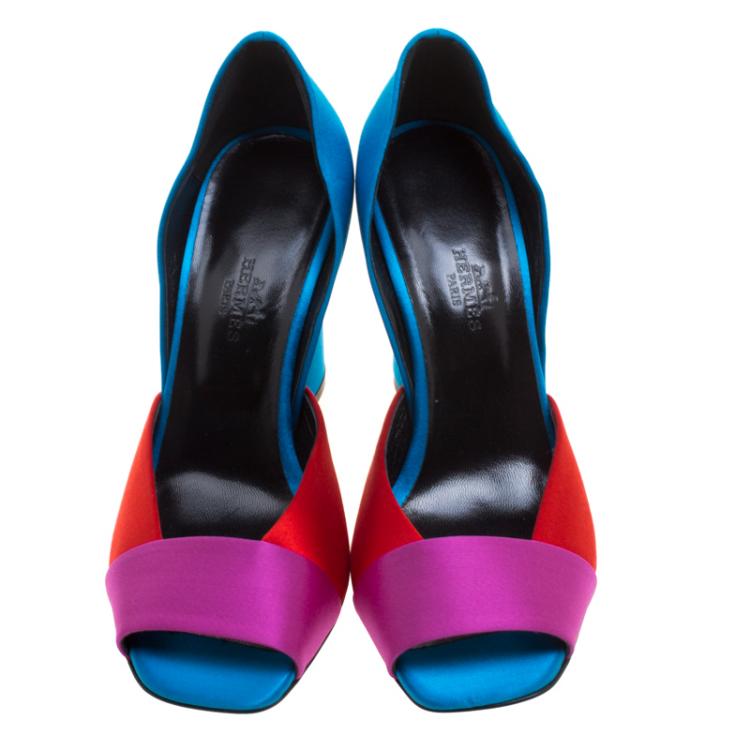Pre Owned Hermes Tricolor Satin Block Heel Peep Toe D'orsay Pumps Size 37