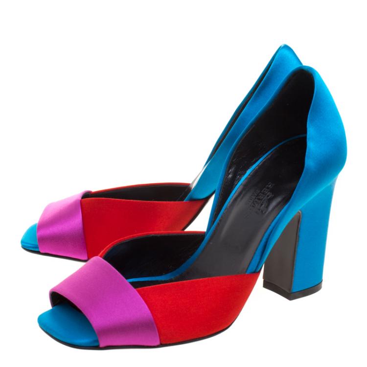 Pre Owned Hermes Tricolor Satin Block Heel Peep Toe D'orsay Pumps Size 37