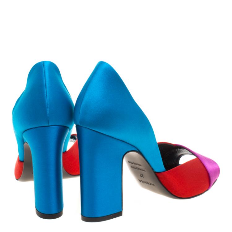 Pre Owned Hermes Tricolor Satin Block Heel Peep Toe D'orsay Pumps Size 37