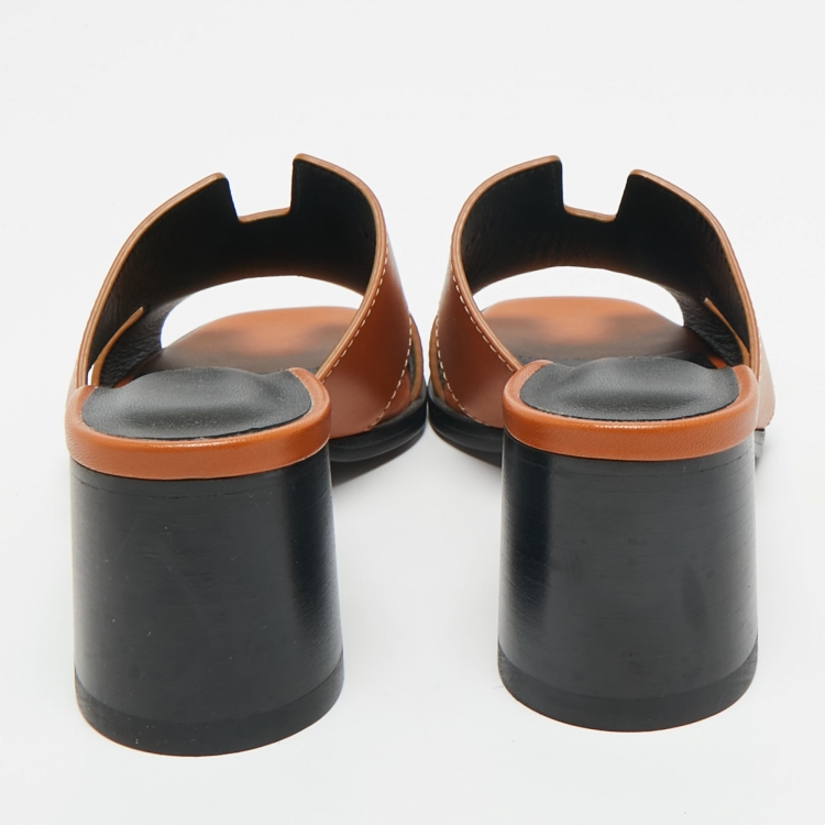 Pre Owned Hermès Brown Leather Helia Slide Sandals Size 36