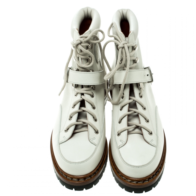 Pre Owned Hermes Off White Leather Ex Libris Detail Hiking Boots Size 37