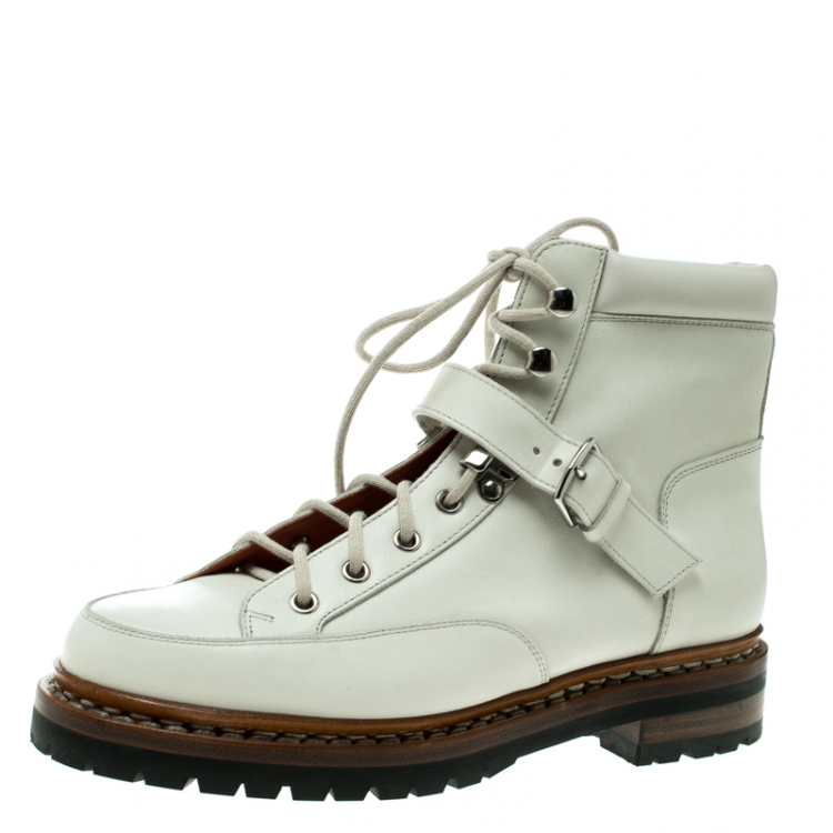 Pre Owned Hermes Off White Leather Ex Libris Detail Hiking Boots Size 37