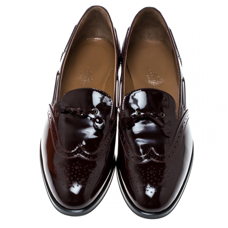 Pre Owned Hermes Burgundy Patent Leather Brogue Loafers Size 39
