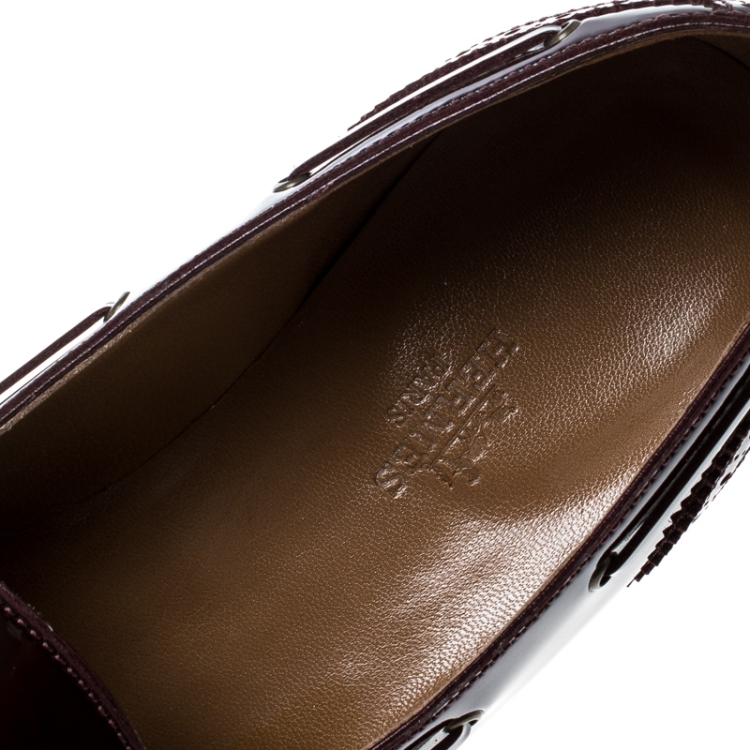 Pre Owned Hermes Burgundy Patent Leather Brogue Loafers Size 39