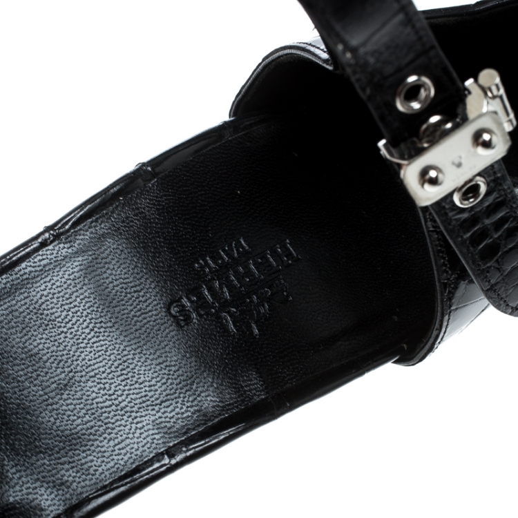 Pre Owned Hermes Black Crocodile Leather Ankle Strap Pumps Size 38.5