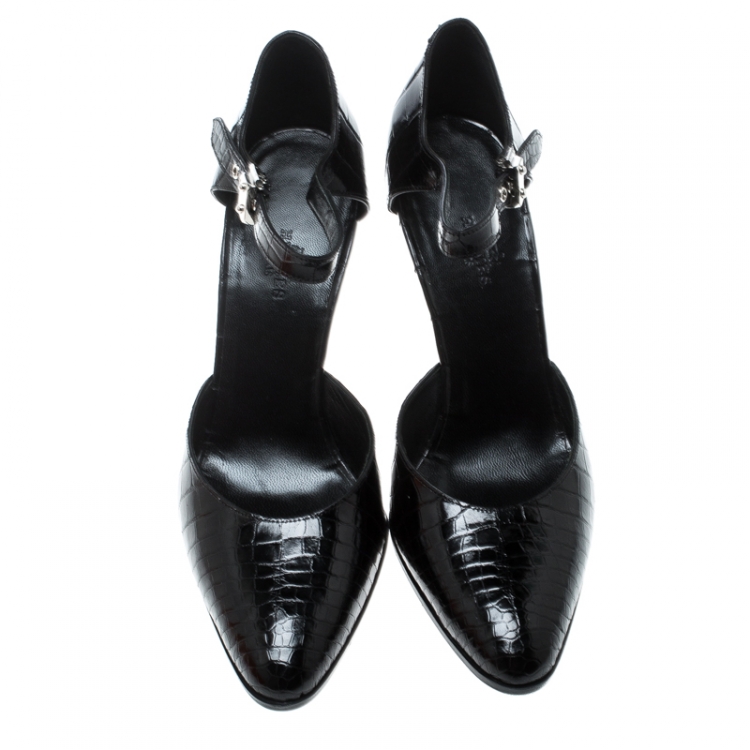 Pre Owned Hermes Black Crocodile Leather Ankle Strap Pumps Size 38.5