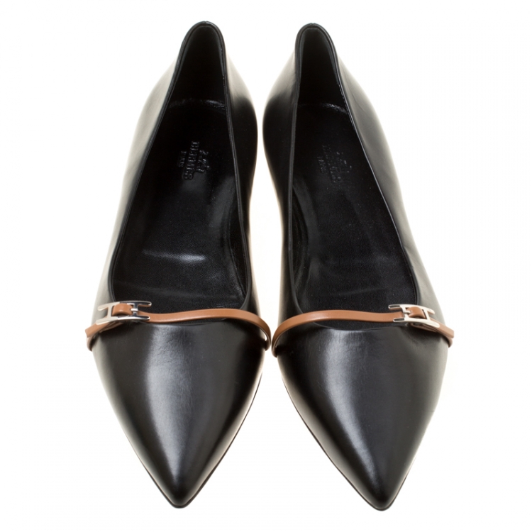مملوكة مسبقًا Hermes Black Leather Laura Pointed Toe Ballet Flats Size 40