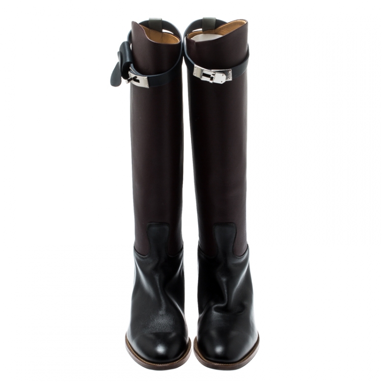 Pre Owned Hermes Multicolor Leather Palladium Plated Kelly Turnlock Jumping Boots Size 39.5