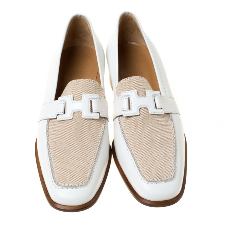 Pre Owned Hermes White/Beige Leather and Canvas H Constance Loafers Size 39.5