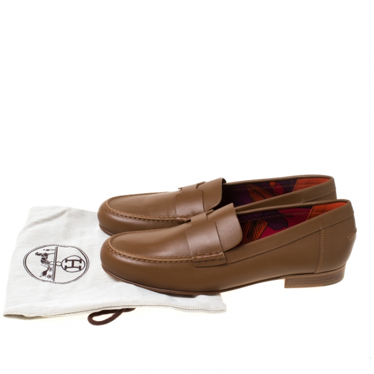 Pre Owned Hermes Brown Leather Kennedy Loafers Size 39
