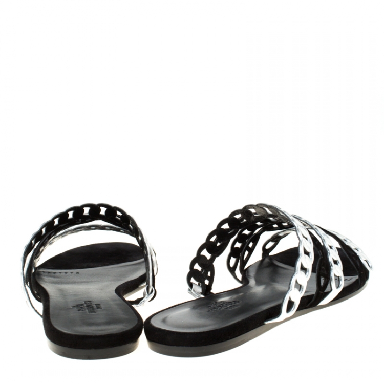 Pre Owned Hermes Metallic Silver Leather And Black Suede Chaine D'ancre Flat Sandals Size 38