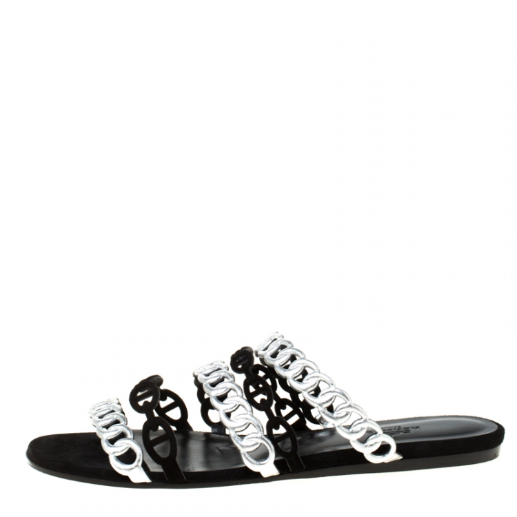 Pre Owned Hermes Metallic Silver Leather And Black Suede Chaine D'ancre Flat Sandals Size 38