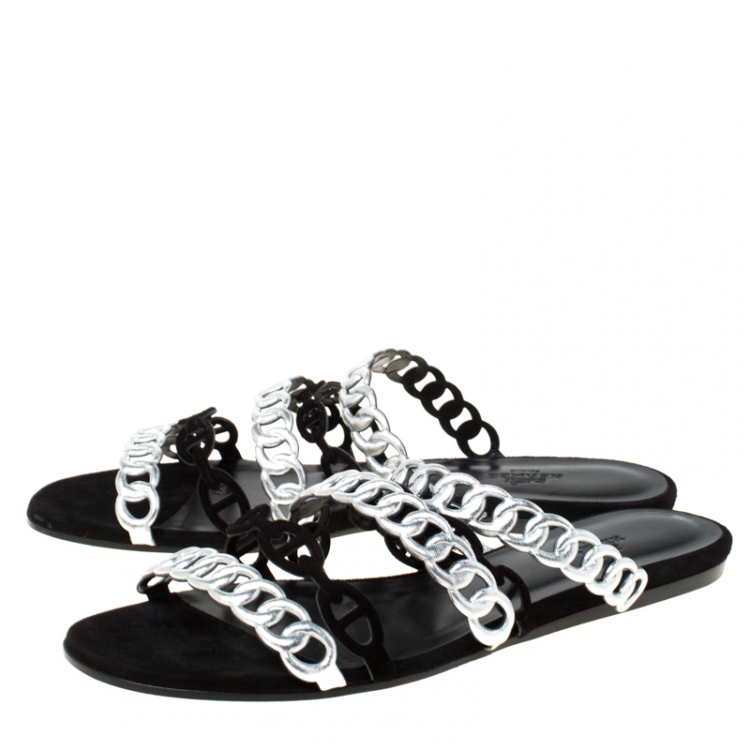 Pre Owned Hermes Metallic Silver Leather And Black Suede Chaine D'ancre Flat Sandals Size 38