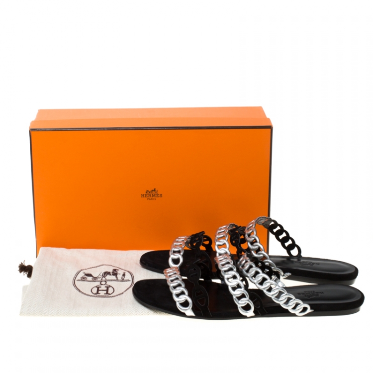 Pre Owned Hermes Metallic Silver Leather And Black Suede Chaine D'ancre Flat Sandals Size 38