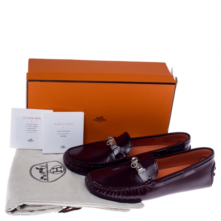 مملوكة مسبقًا Hermes Burgundy Patent Leather Irving Slip On Loafers Size 37.5