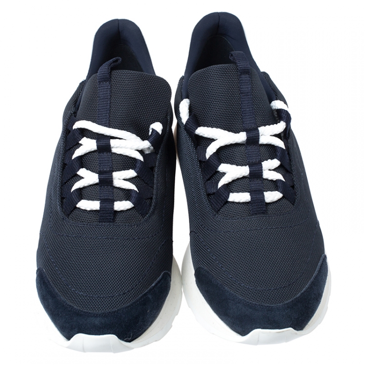 Pre Owned Hermes Blue Canvas And White/Tan Leather Miles Lace Up Sneaker Size 40