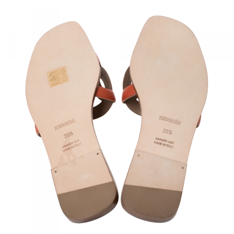 Pre Owned Hermes Orange Leather Omaha Flat Slides Size 39.5