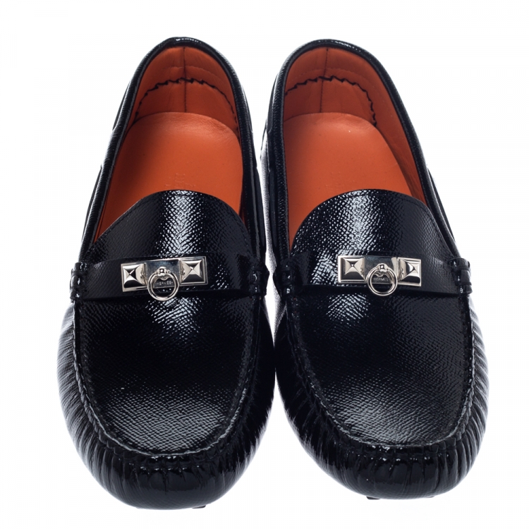 Pre Owned Hermes Black Patent Leather Irving Slip On Loafers Size 40.5